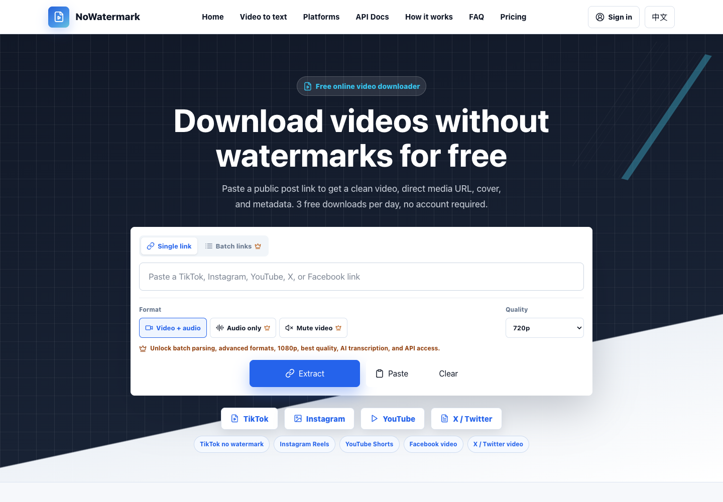 NoWatermark 网页版:免费在线无水印视频下载与解析工具(支持 TikTok/IG/YouTube/X/FB)